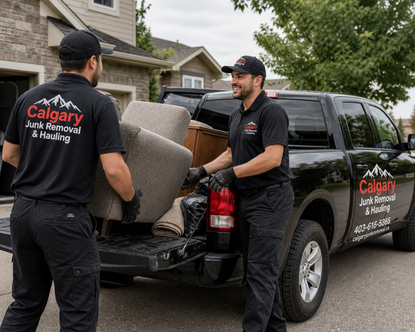 Junk removal crew loading a trailer